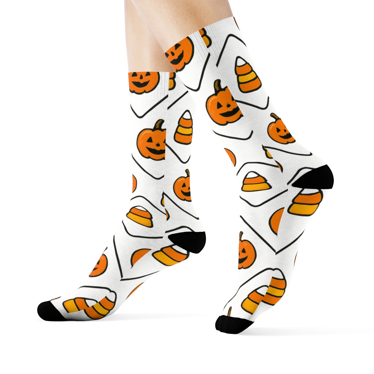 Pumpkin And Candy Corn Zigzag Stripe On White Background unique graphic crew socks
