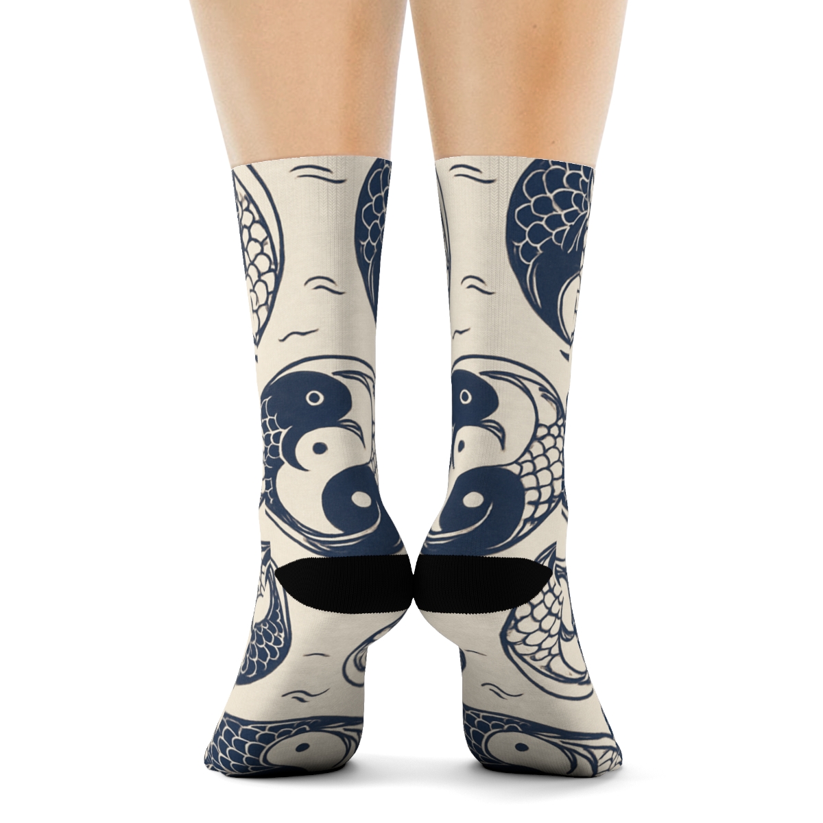 Indigo Koi Dual Spiral Tile On Pale Cream custom crew socks
