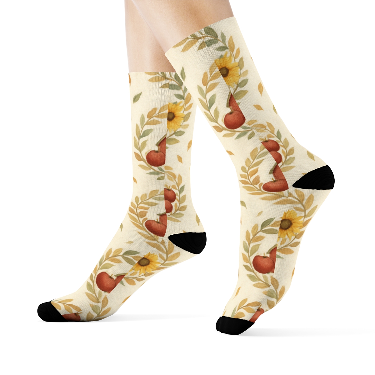 Watercolor Harvest Barn Medallions On Ivory Background designer printed crew socks