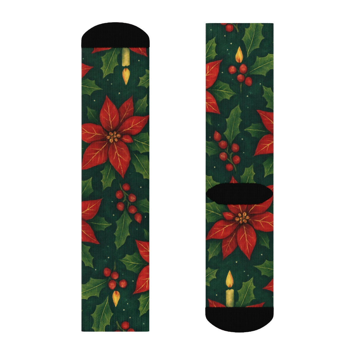 Poinsettia Candlelight Tessellation On Midnight Green Background unique graphic crew socks