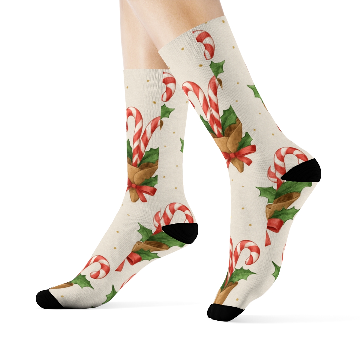 Candy Canes Bouquet Vignettes On Light Gray Snow Sugar trendy patterned crew socks