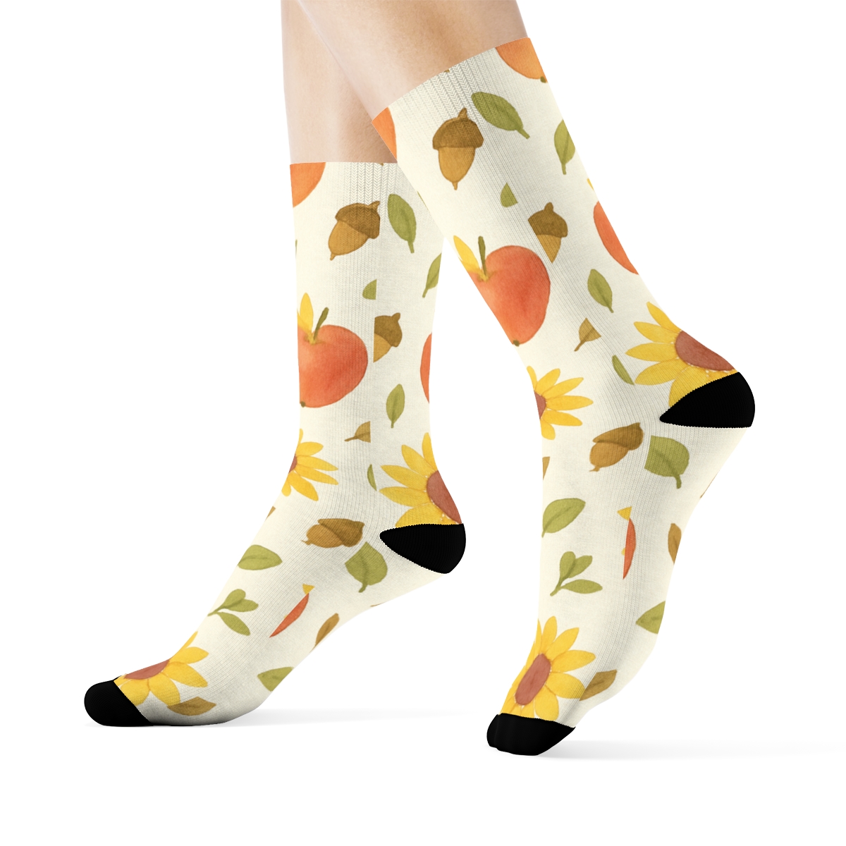 Sunflower And Apple Scatter On Ivory Ground soft everyday crew socks