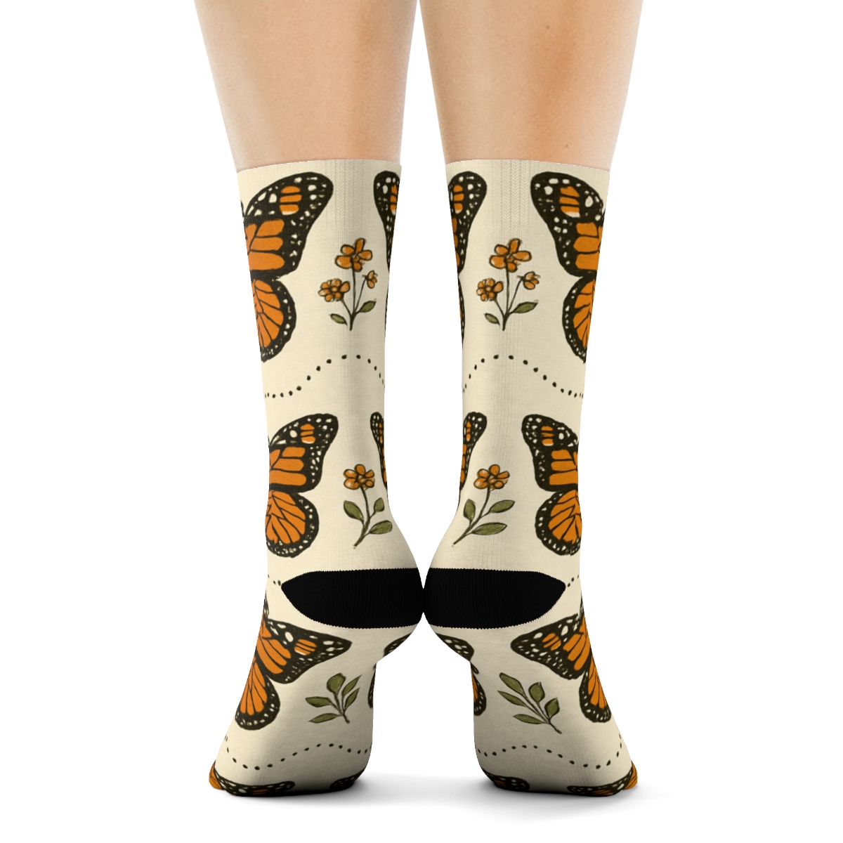 Vintage Monarch Migration Parade Border On Ivory Background designer printed crew socks