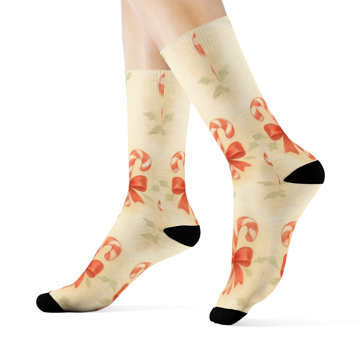 Candy Canes Bouquet Grid On Winter White premium sports crew socks