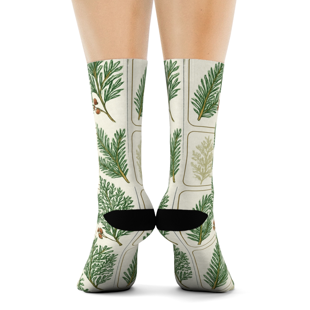 Vintage Botanical Tiles Inspired By Evergreen Branches soft everyday crew socks