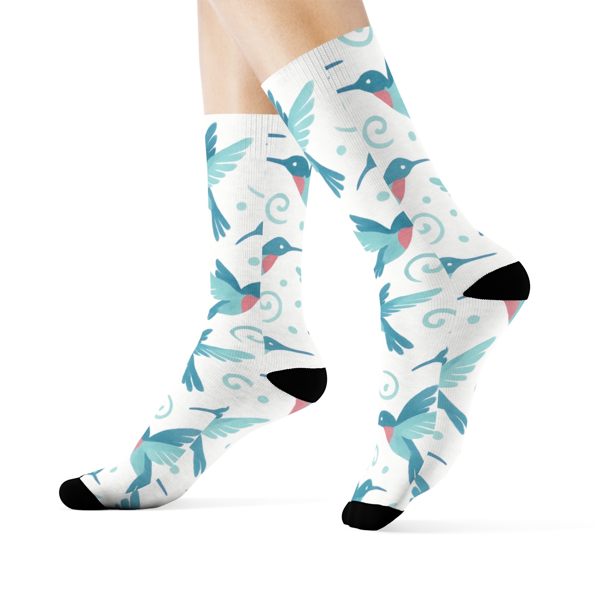 Sky Blue Hummingbird Flight Swirl On White Background unique graphic crew socks