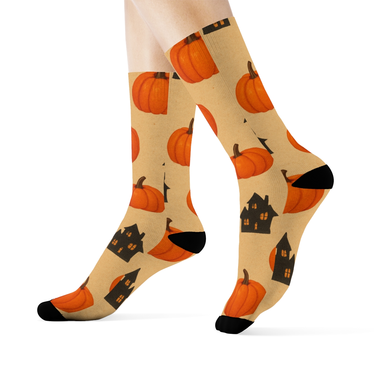 Haunted House Silhouette And Pumpkin Scatter On Proper Neutral Background comfortable cotton crew socks