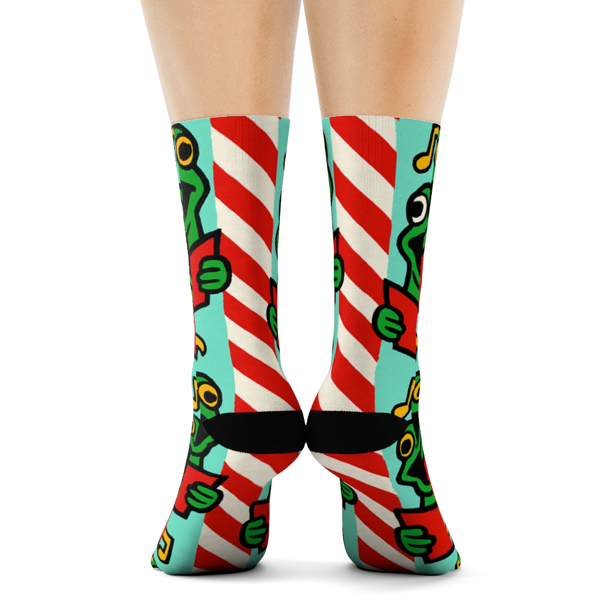 Frog Carolers Stripe On Mint Background trendy patterned crew socks