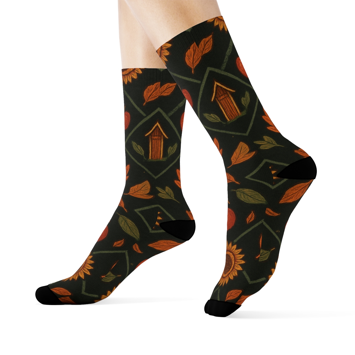 Harvest Barn And Sunflower Medallion Lattice On Charcoal Background custom crew socks