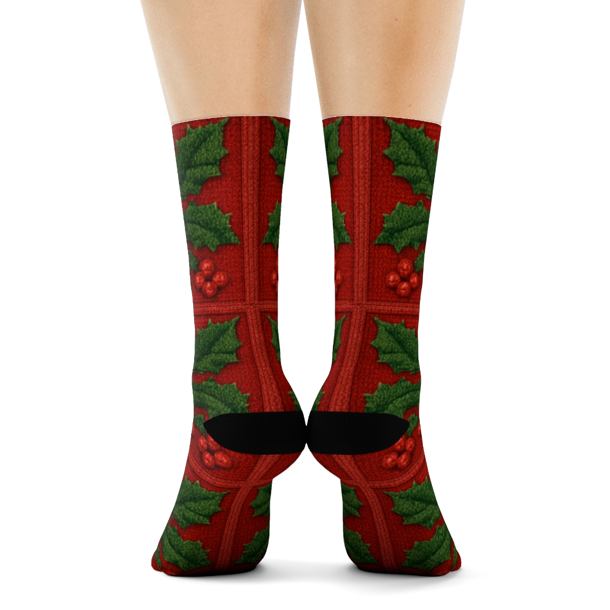 Christmas Holly Grid On Red Field soft everyday crew socks