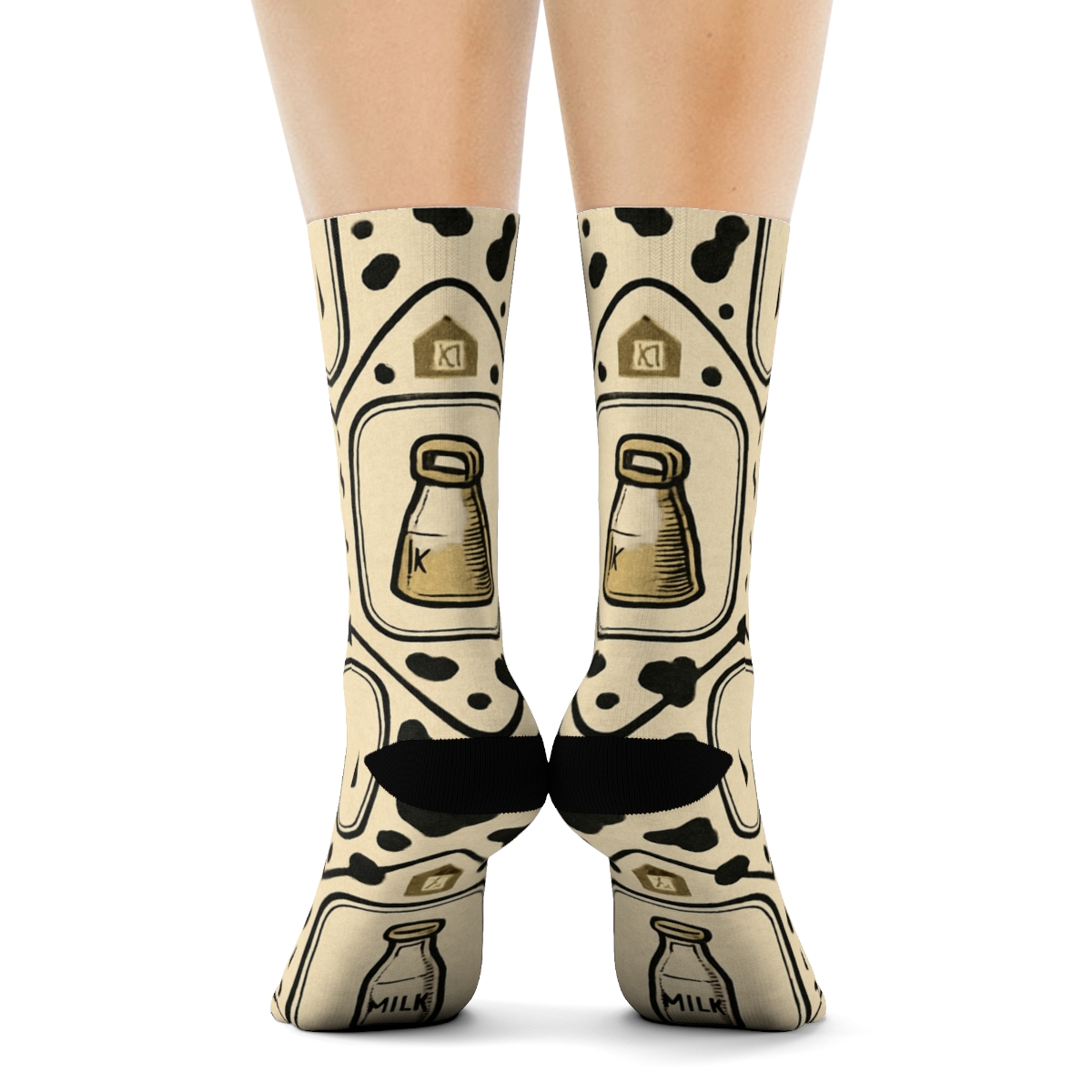 Retro Dairy Label Cowbell Lattice soft everyday crew socks