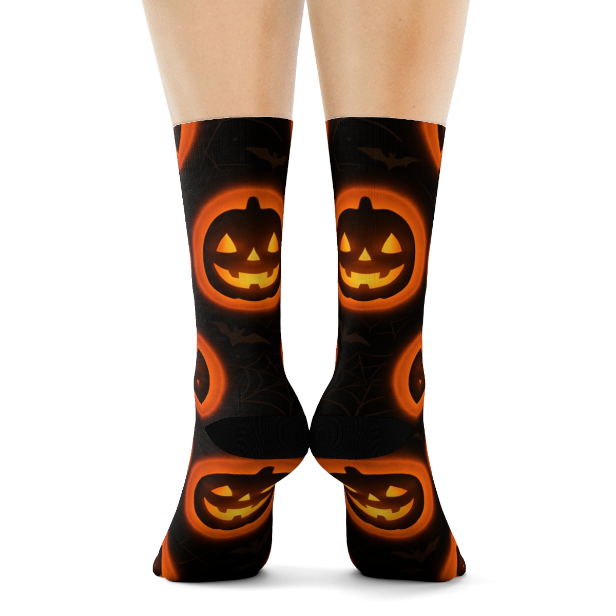 Glowing Jack O Lantern Medallion Repeat On Black Background personalized crew socks