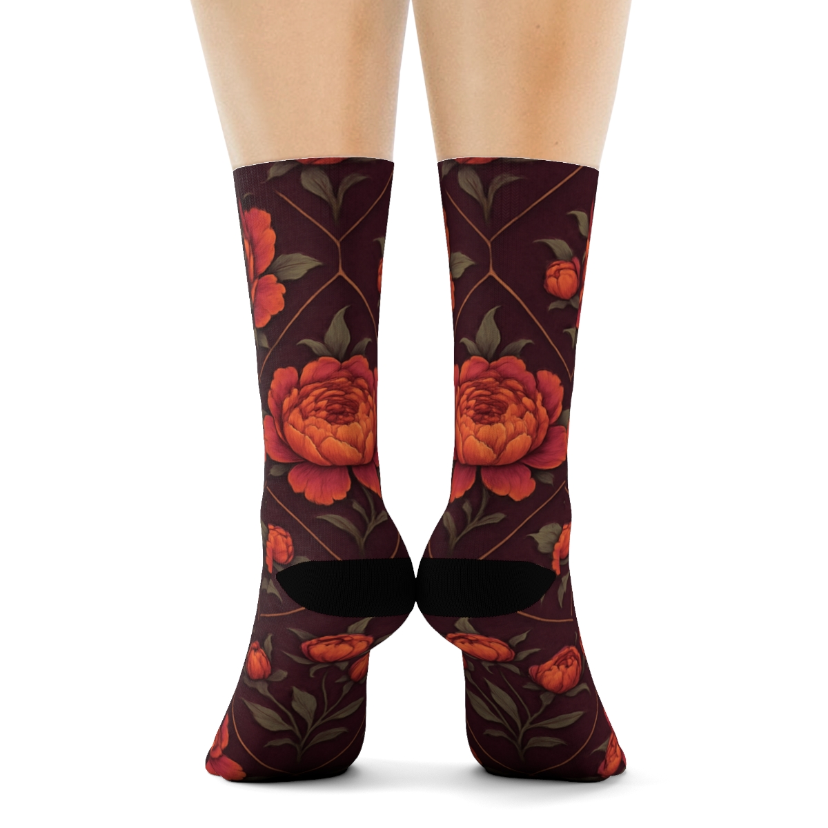 Sunset Peony Medallion Tiles On Deep Plum Background custom crew socks