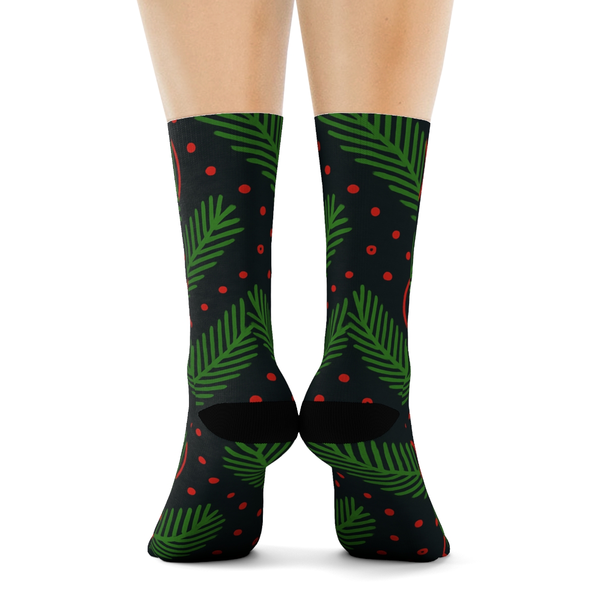 Emerald Evergreen Vine Chevron With Mistletoe Medallions On Midnight Charcoal Background custom crew socks