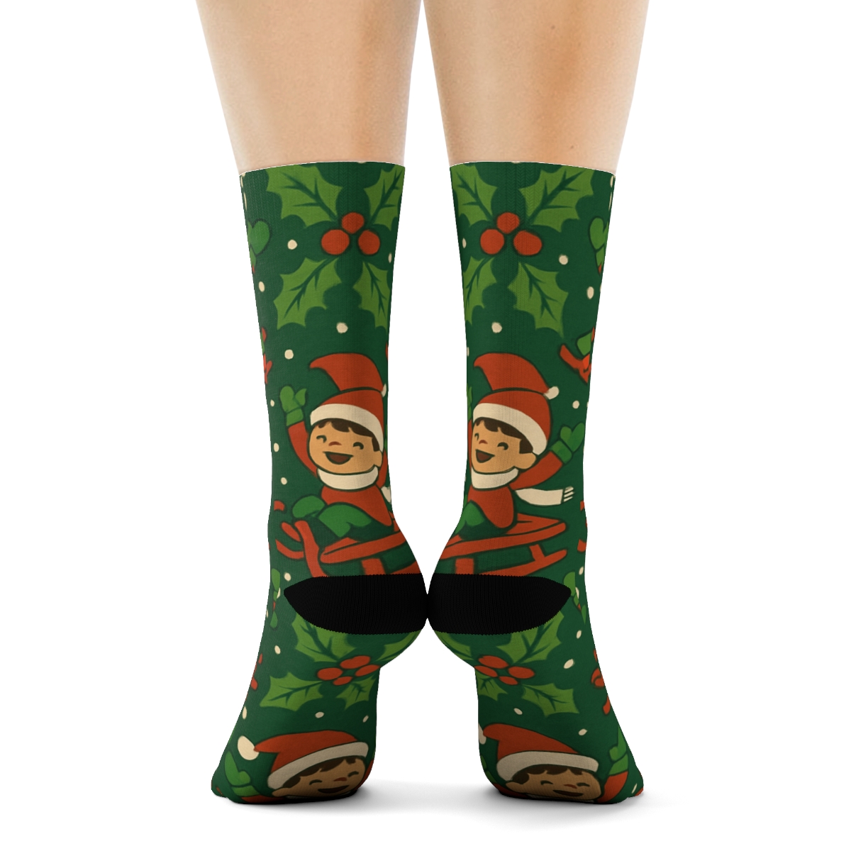 Children On Sleds Pattern With Sleigh Motifs soft everyday crew socks