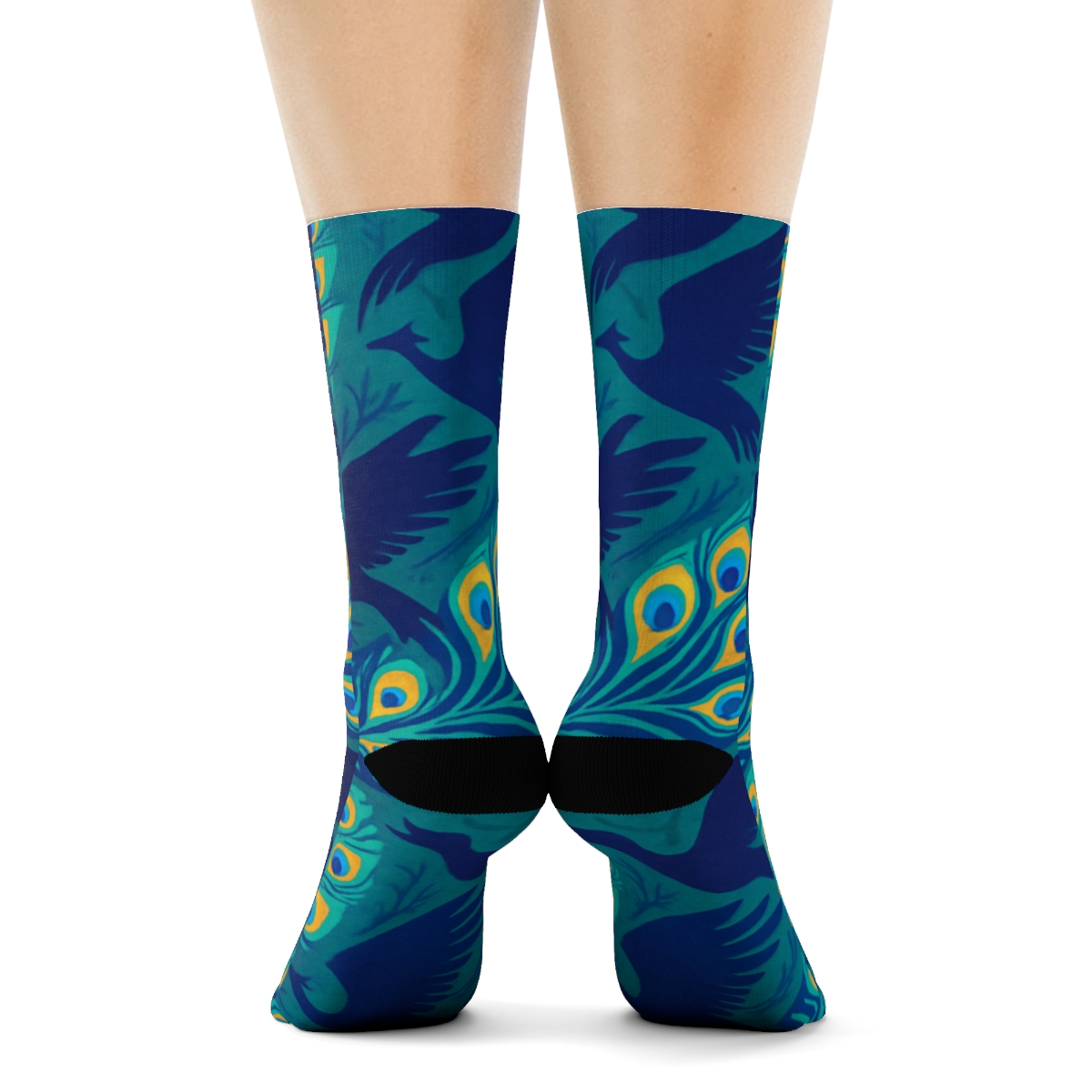 Peacock Plume Wave On Teal Ground designer printed crew socks