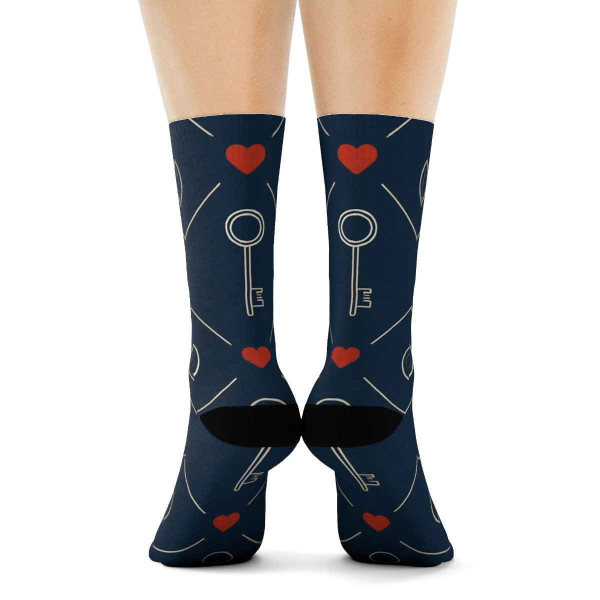 Vintage Lock Blueprint Pattern With Valentines Heartshaped Lock And Key soft everyday crew socks