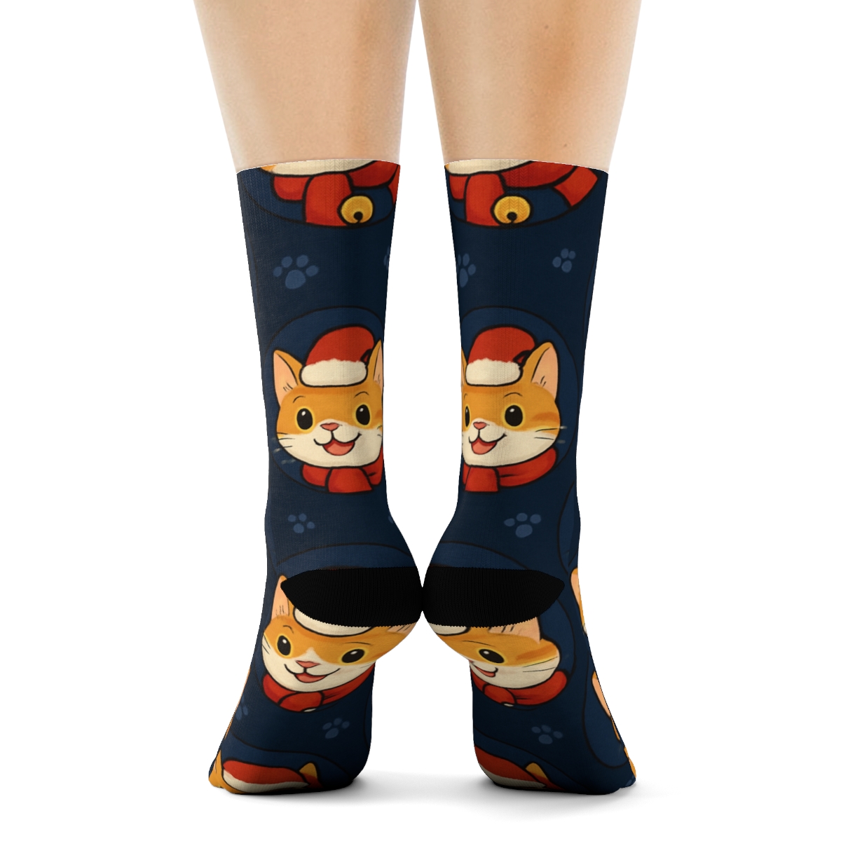 Santa Cat Diagonal Array On Navy Blue Background unique graphic crew socks