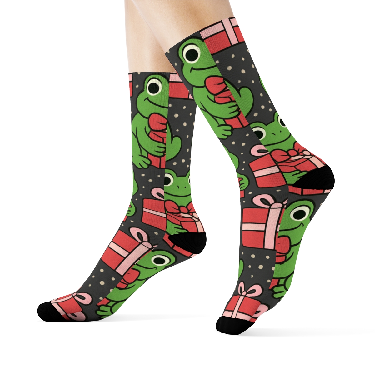 Holly Frog Gift Wrap Tessellation On Charcoal Background trendy patterned crew socks