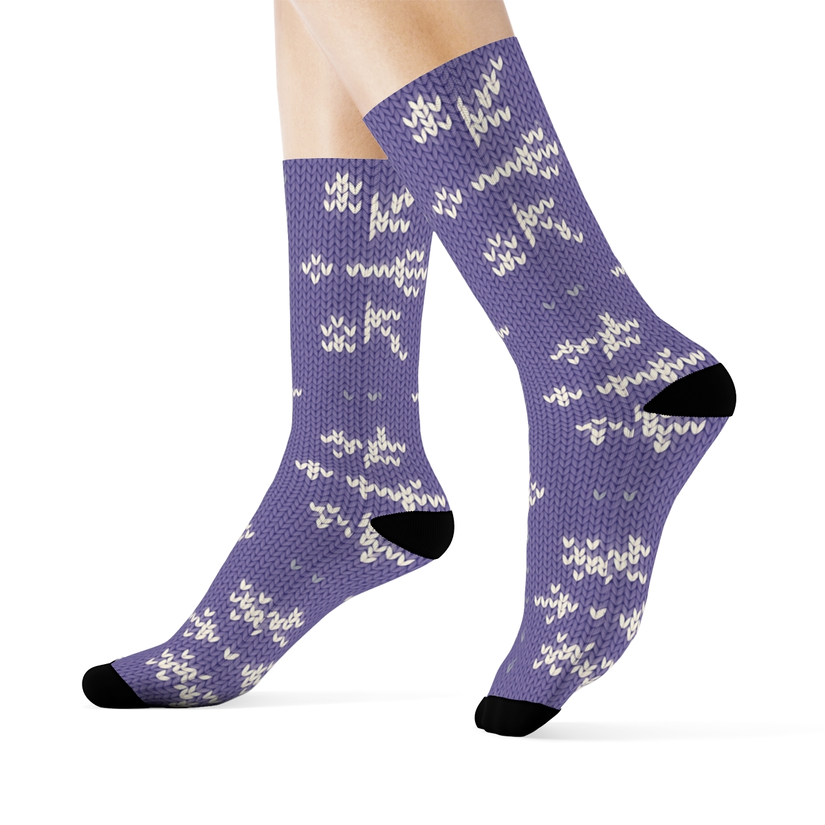 Cozy Xmas Knit Snowflake Grid In Lavender Night trendy patterned crew socks