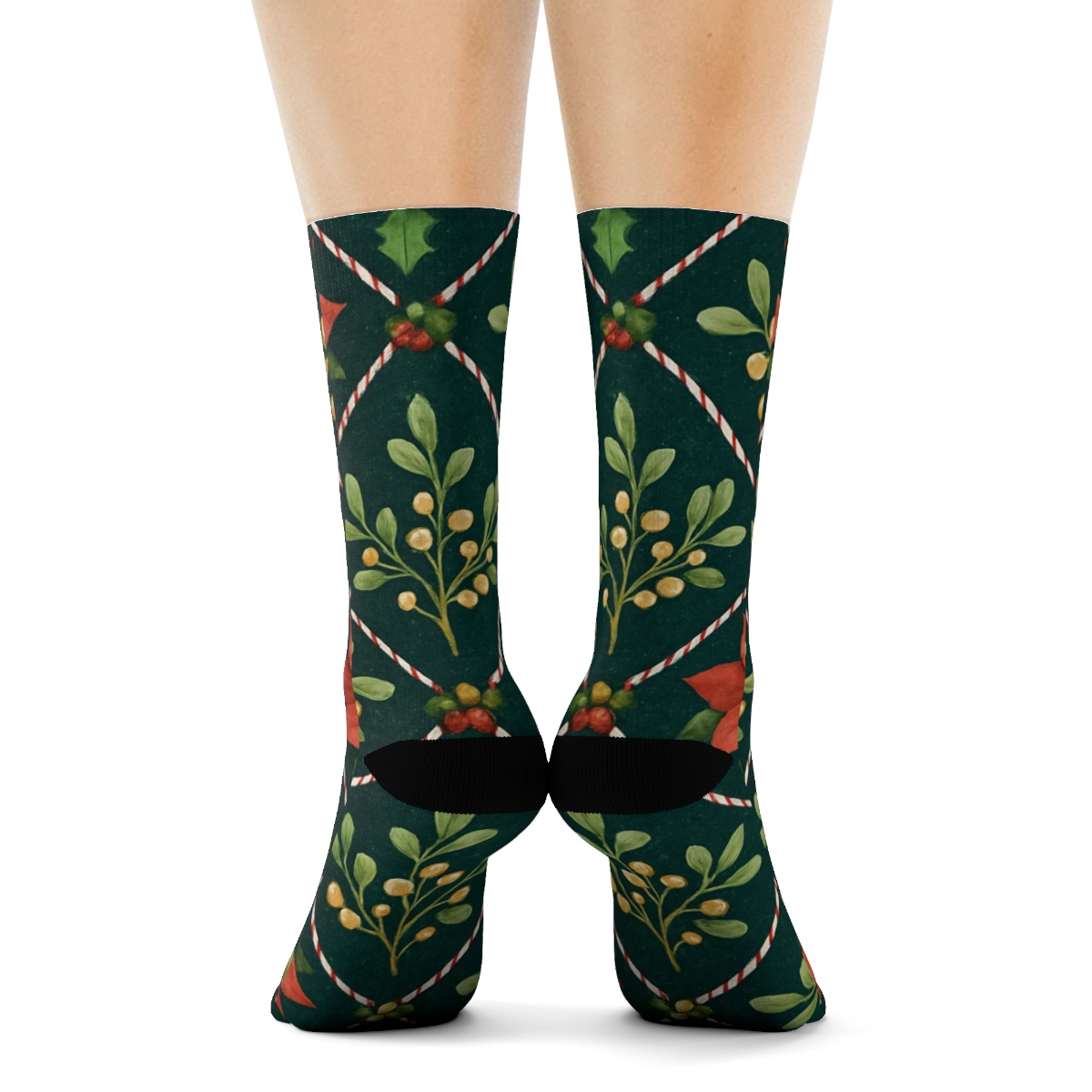 Crimson Poinsettia And Holly Lattice On Midnight Green Background unique graphic crew socks