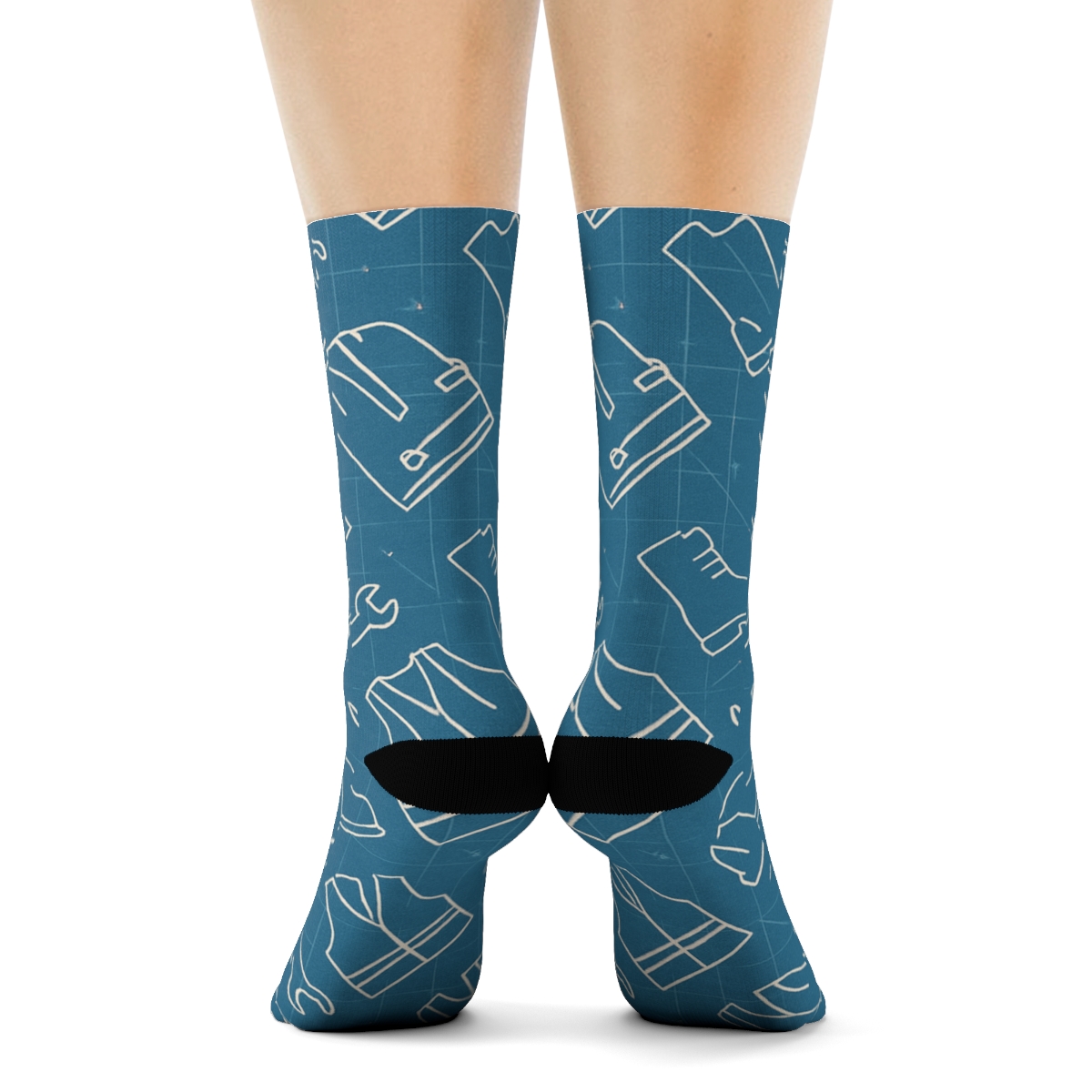 Blueprint Wave With Construction Worker Icons trendy patterned crew socks