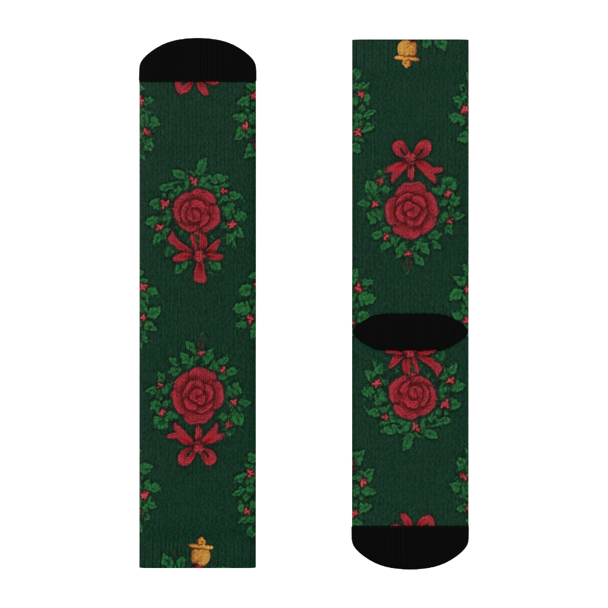 Embroidered Rose Wreath Lattice On Deep Pine Background trendy patterned crew socks