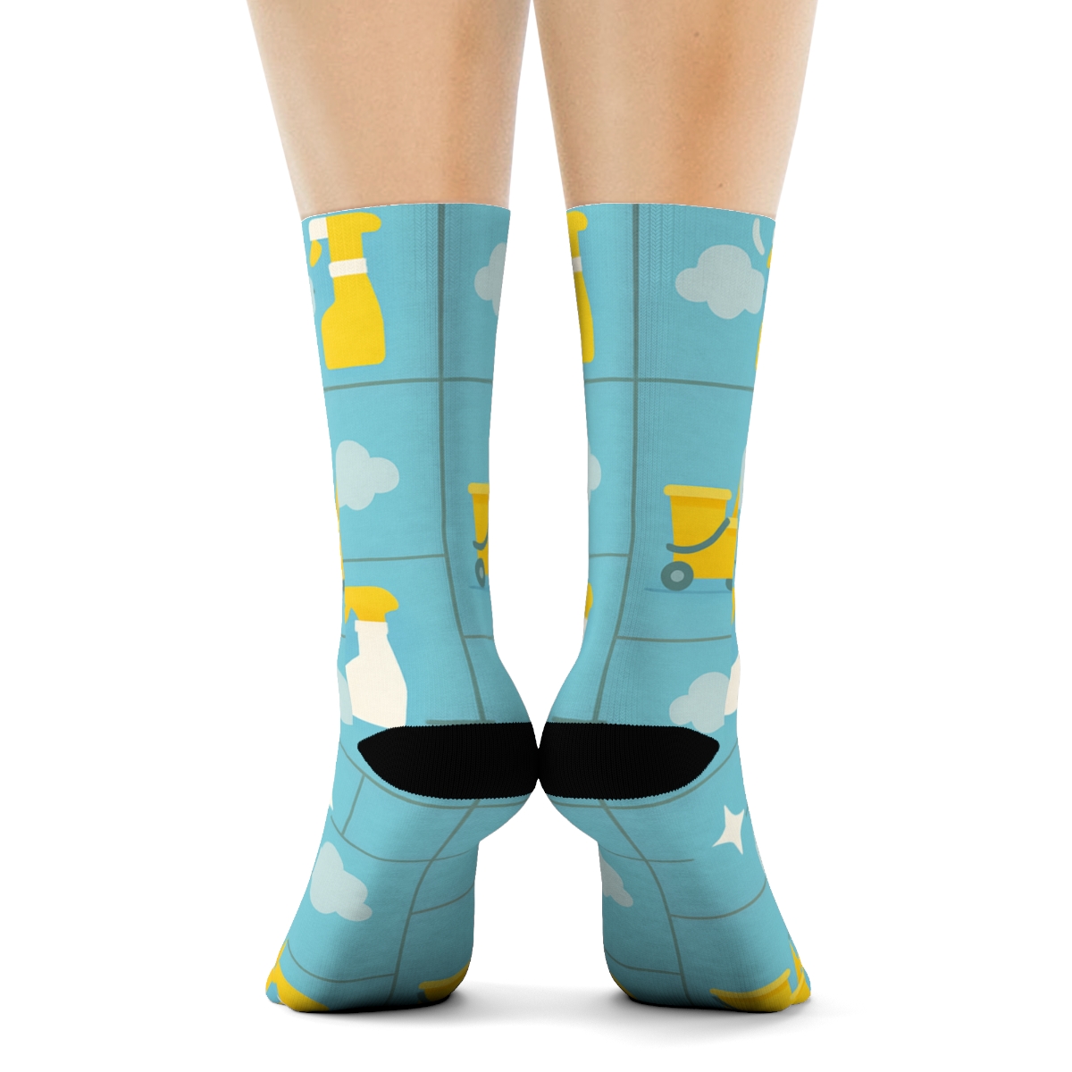 Sky Blue Floor Grid With Janitor Cart Motifs trendy patterned crew socks