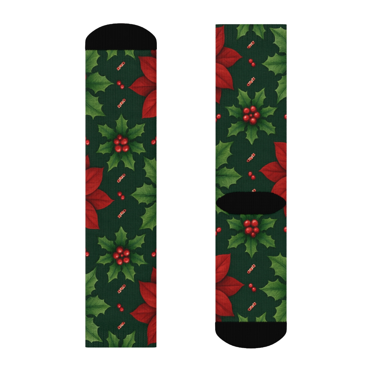 Crimson Poinsettia And Holly Lattice On Deep Pine Green Background personalized crew socks