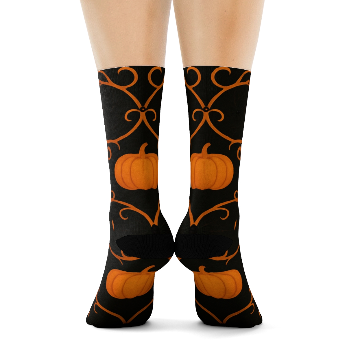 Pumpkin Vine Lattice With Tiny Spiders On Black Background designer printed crew socks