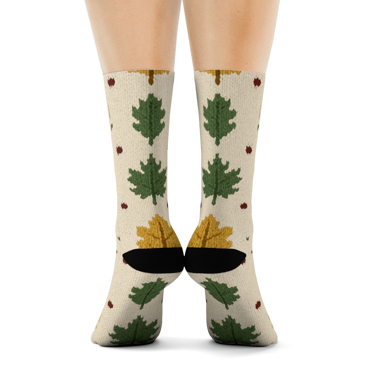 Knitted Leaf Silhouette Lattice On Creamy Beige Background designer printed crew socks