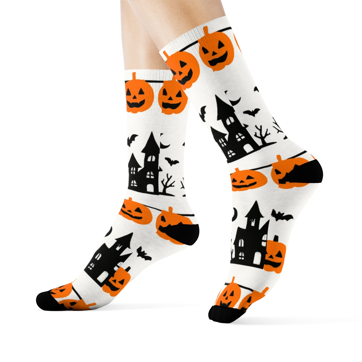 Haunted House Silhouette Border Stripe On White Background unique graphic crew socks