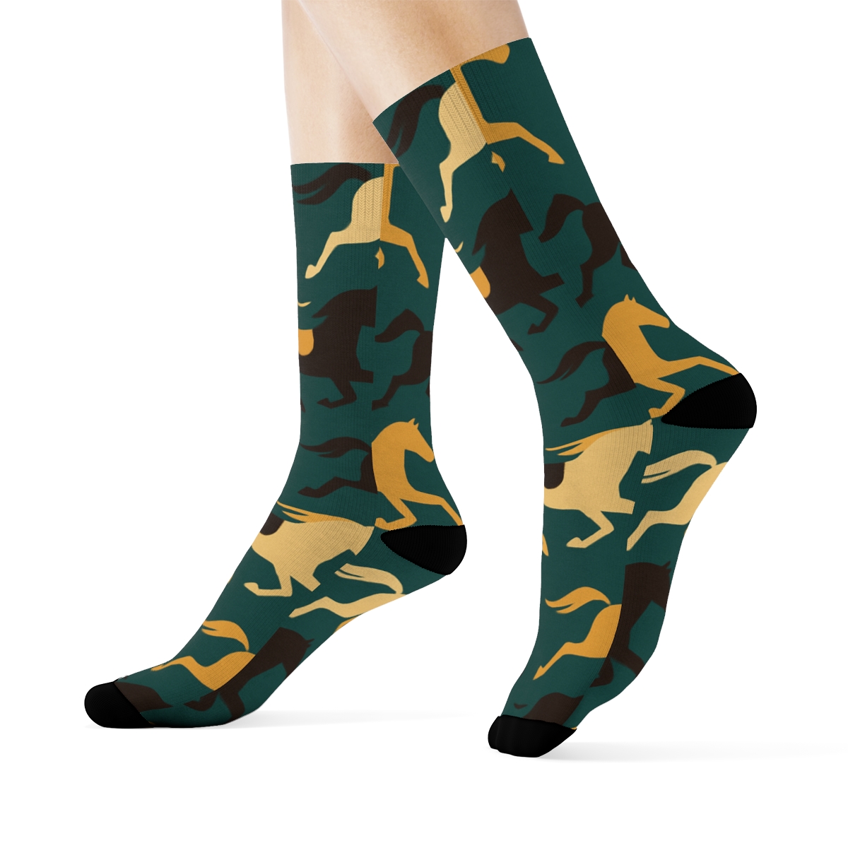 Deep Teal Minimal Grid With Horse Silhouettes personalized crew socks