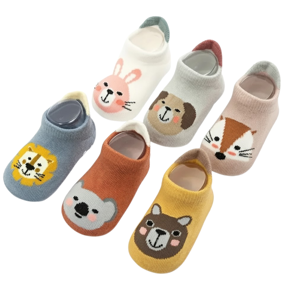 6 Pairs Of Cartoon Animal Pattern Non Slip Socks For Kids