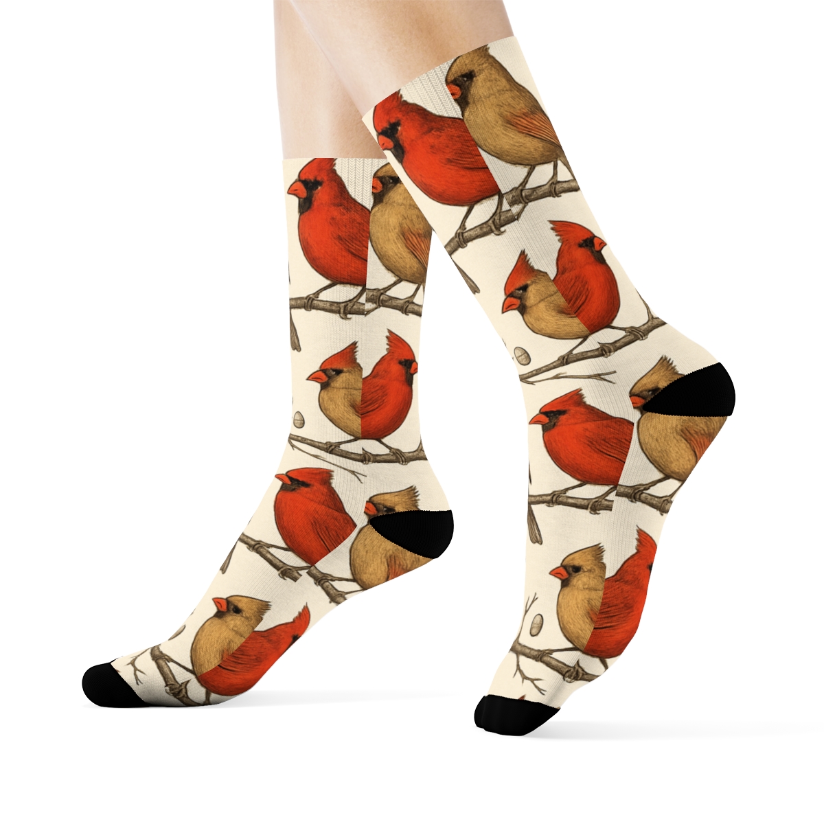 Scarlet Cardinal Branch Bands On Winter White custom crew socks