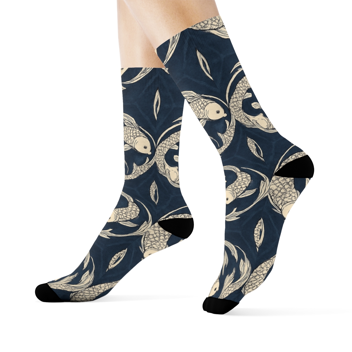 Indigo Koi Duality Medallion Tile On Deep Indigo custom crew socks