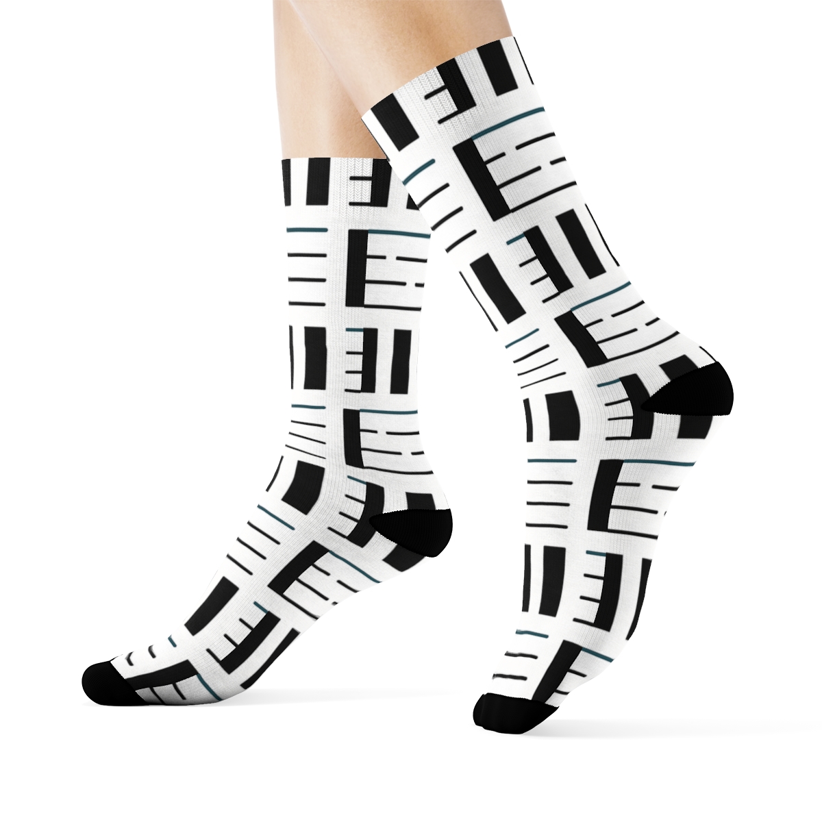 Teal Accent Zebra Crossing Grid With Fragmented Stripe Fields unique graphic crew socks