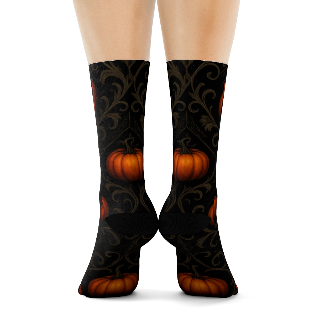 Orange Pumpkin Vine Lattice And Web Filigree On Black Background premium sports crew socks