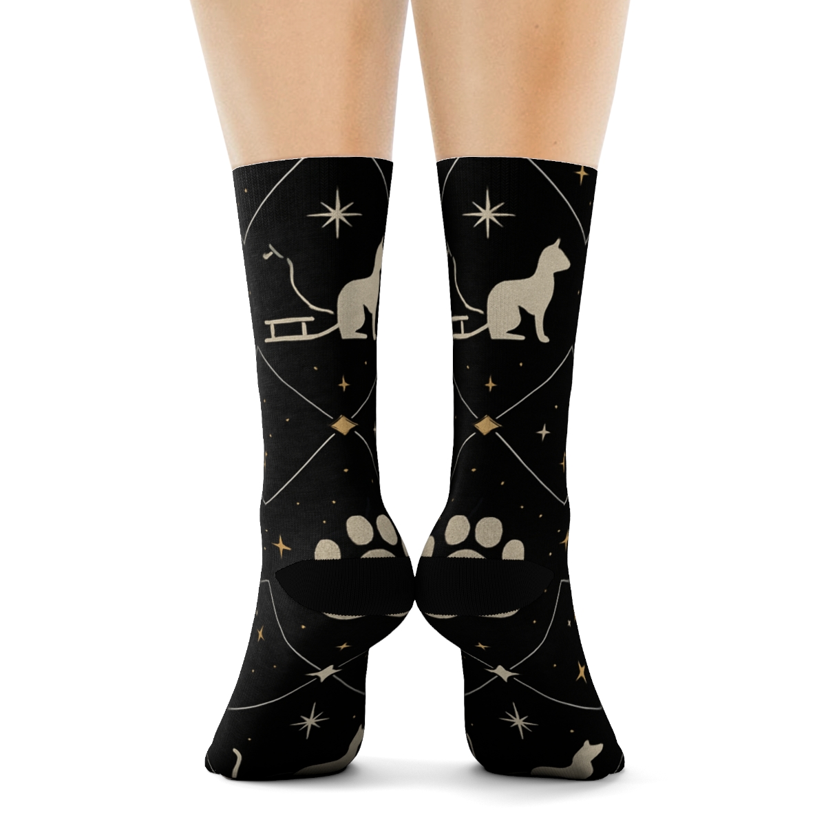 Midnight Sleigh Pawprint Lattice On Black Background trendy patterned crew socks