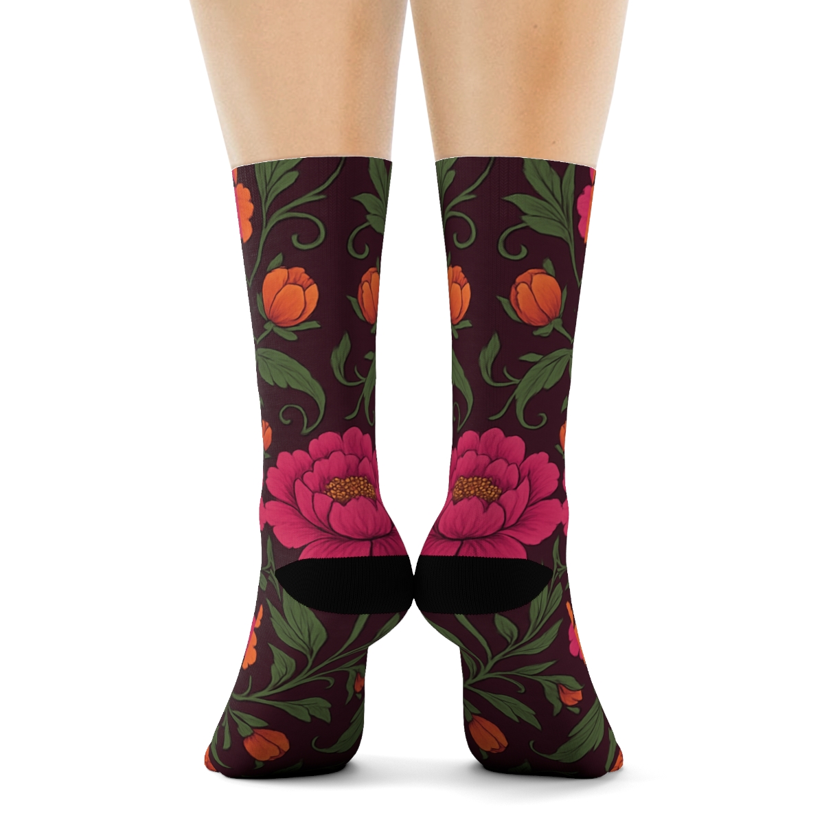 Sunset Peony Garland Mirror Repeat On Deep Plum Background premium sports crew socks