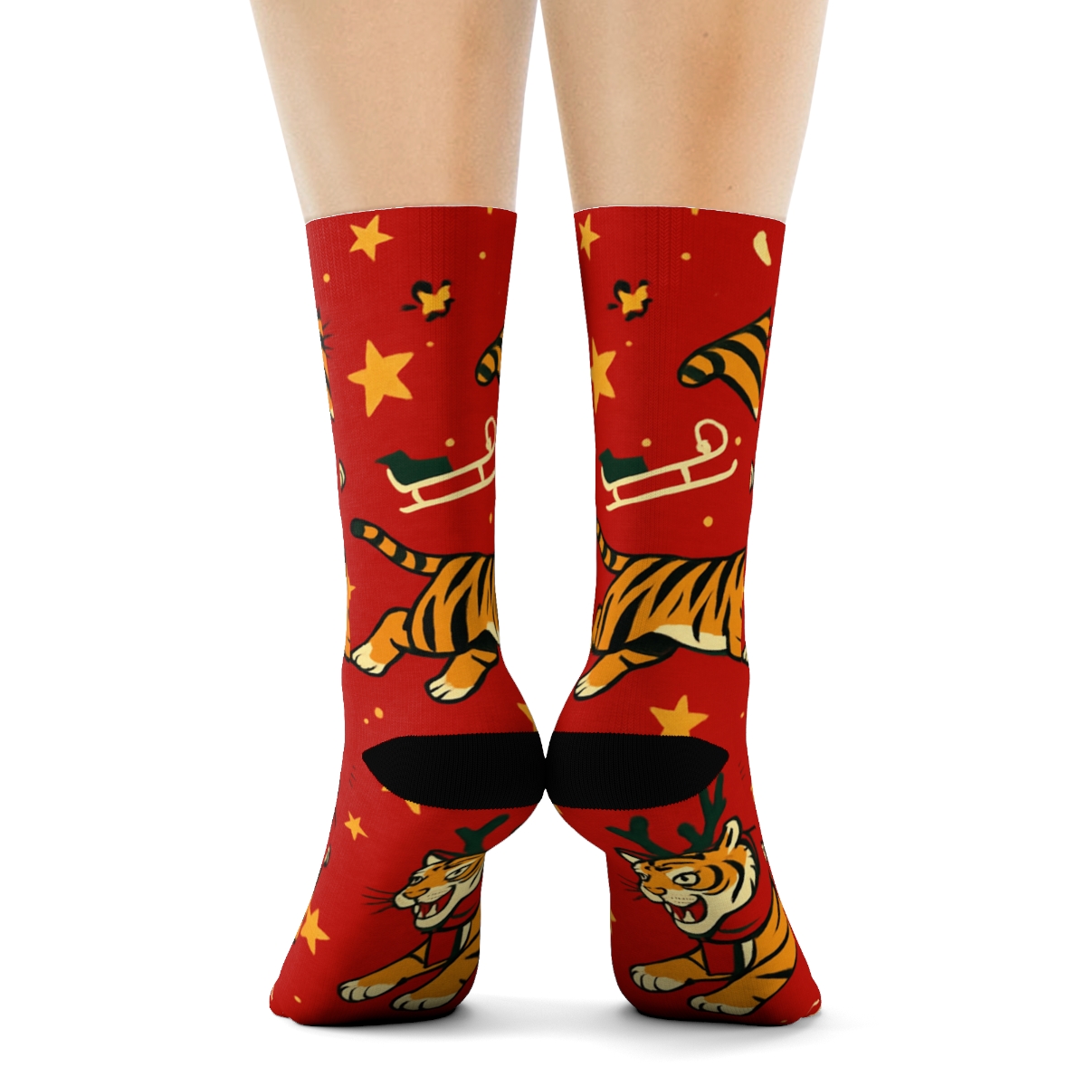 Reindeer Tiger Sleigh Diagonal Repeat On Crimson Background stylish athletic crew socks