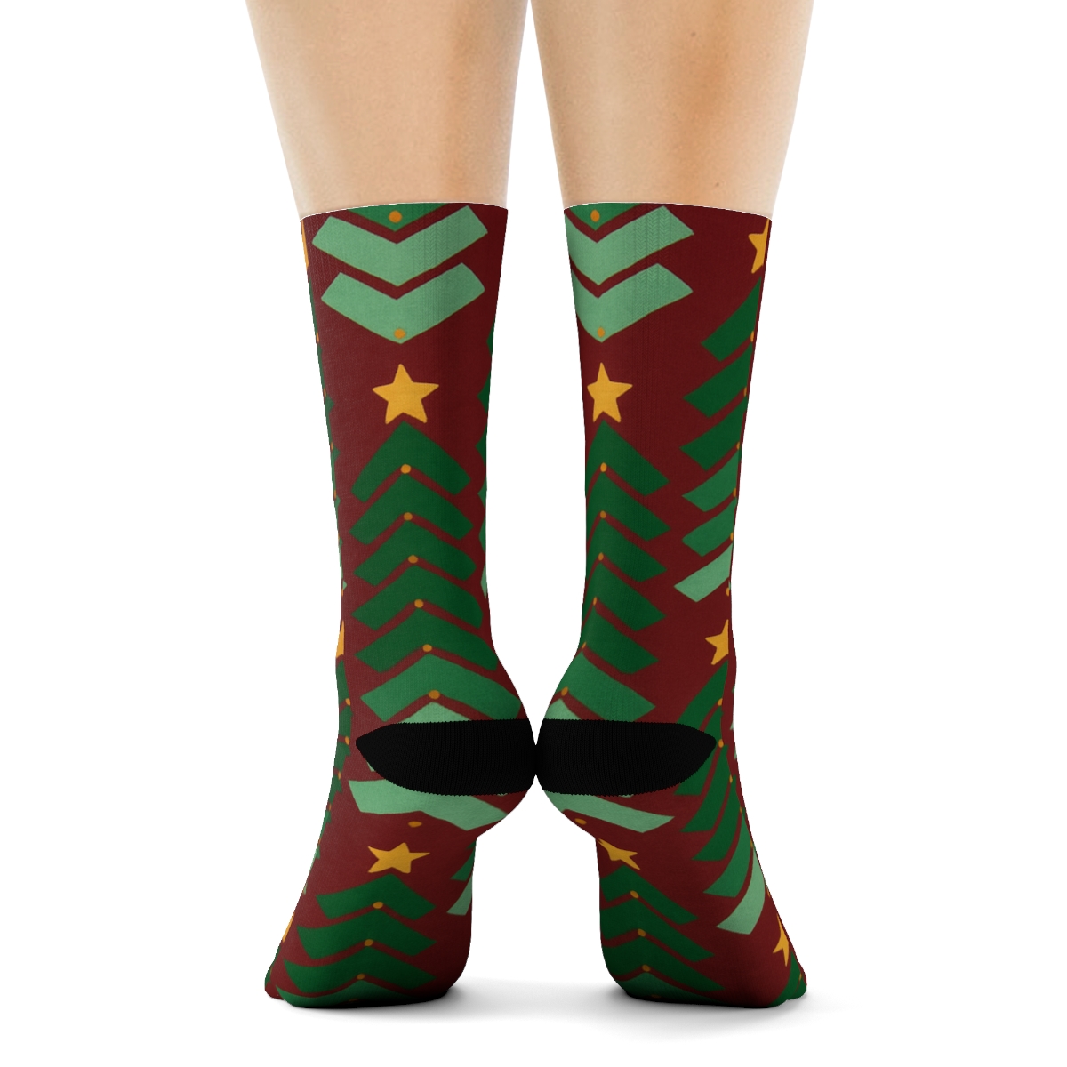 Christmas Tree Chevron On Crimson Field designer printed crew socks