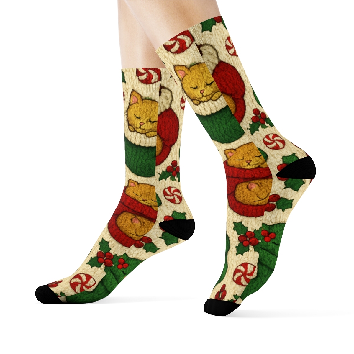 Knitted Christmas Kitty Mitten Tiles On Cream premium sports crew socks