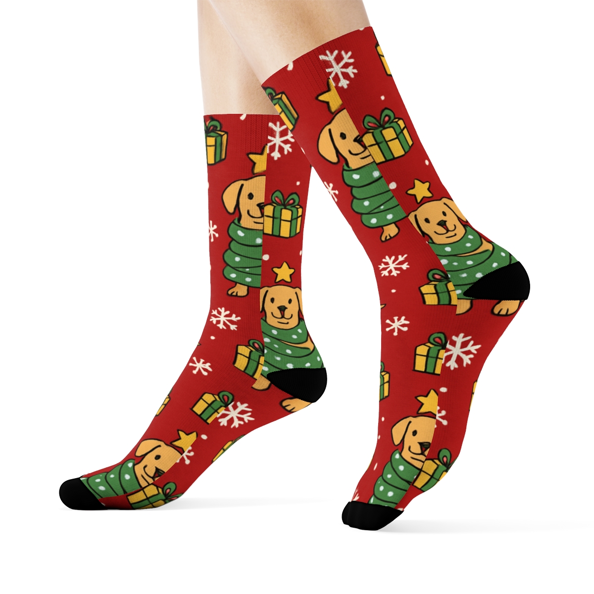 Dog Christmas Tree Wrap Repeat On Red Background comfortable cotton crew socks