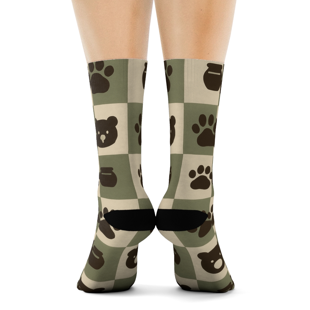 Woodland Paw Grid With Hidden Bear trendy patterned crew socks