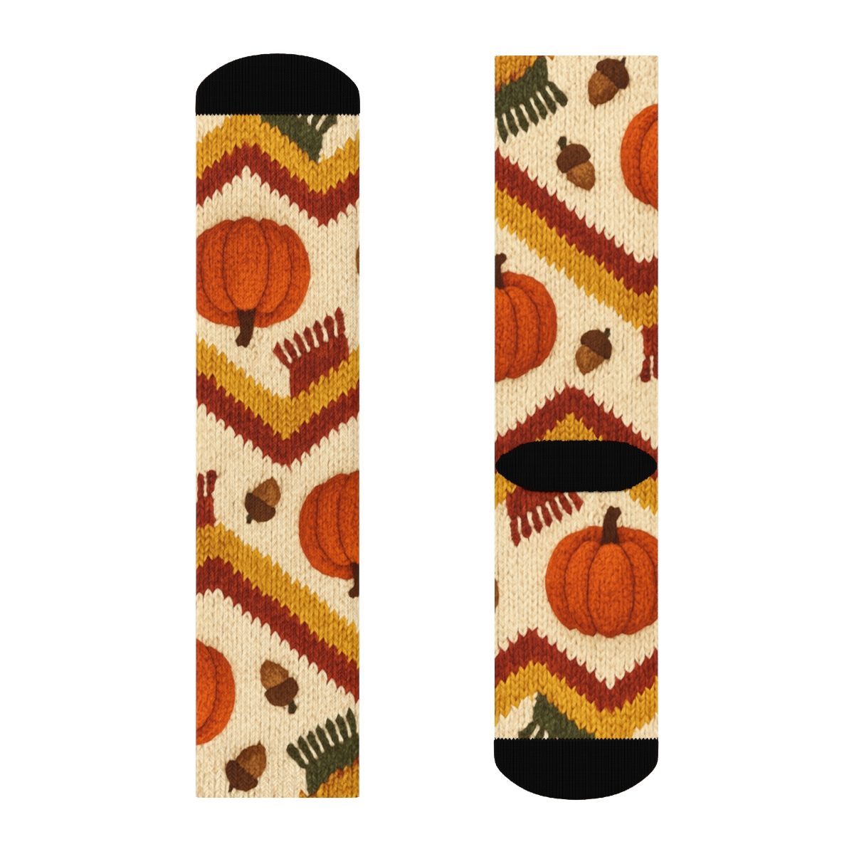 Knitted Pumpkin And Scarf Chevron On Creamy Beige Background trendy patterned crew socks