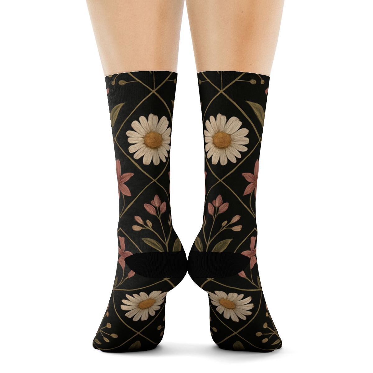 Vintage Wildflower Herbarium Lattice On Black Background stylish athletic crew socks