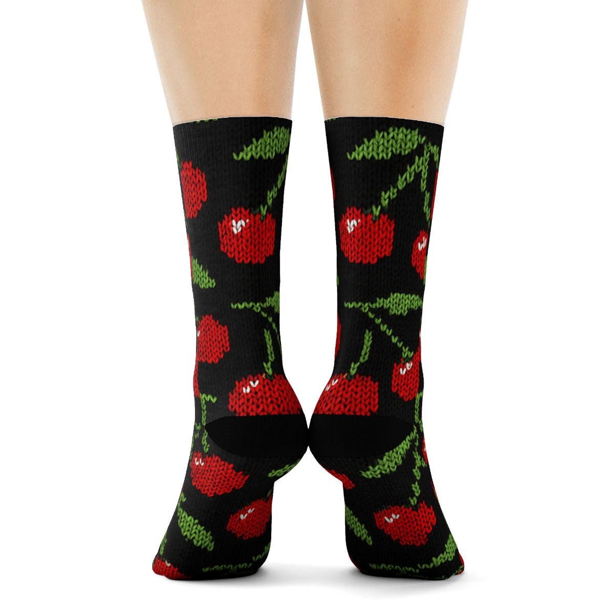 Knitted Cherry-Stripe Motif On Black Background custom crew socks