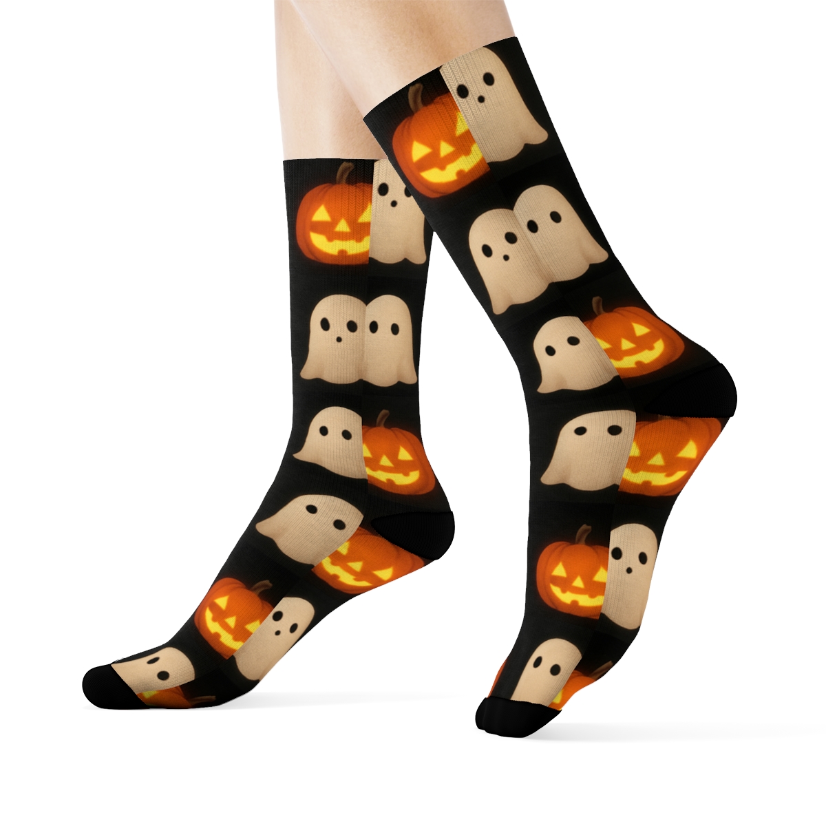 Glowing Pumpkin And Ghost Checkerboard On Black Background comfortable cotton crew socks