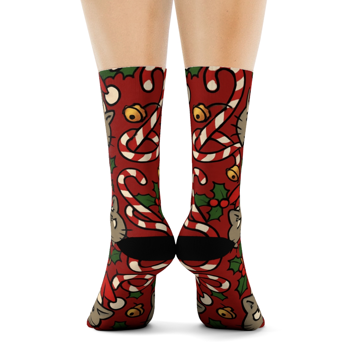 Candy Cane Cat Chaos Tessellation On Holly Red Background designer printed crew socks